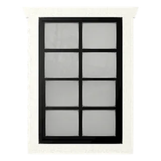 Builder render of a 2 by 3 foot insulated vinyl window with black frame