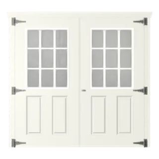 Builder render of nine-lite double fiberglass slab doors with strap hinges