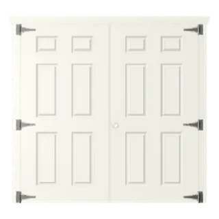 Builder render of solid French doors framed for a vinyl-sided building, inswing