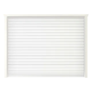 Builder render of the nine-foot white metal roll-up door standard on Workshop sheds