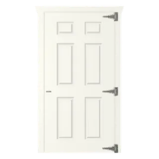 Builder render of a solid single fiberglass slab door with strap hinges