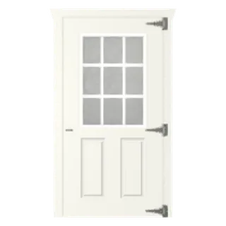 Builder render of a nine-lite single fiberglass slab door with strap hinges