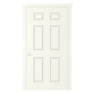 Builder render of a solid six-panel fiberglass entry door hung as an inswing