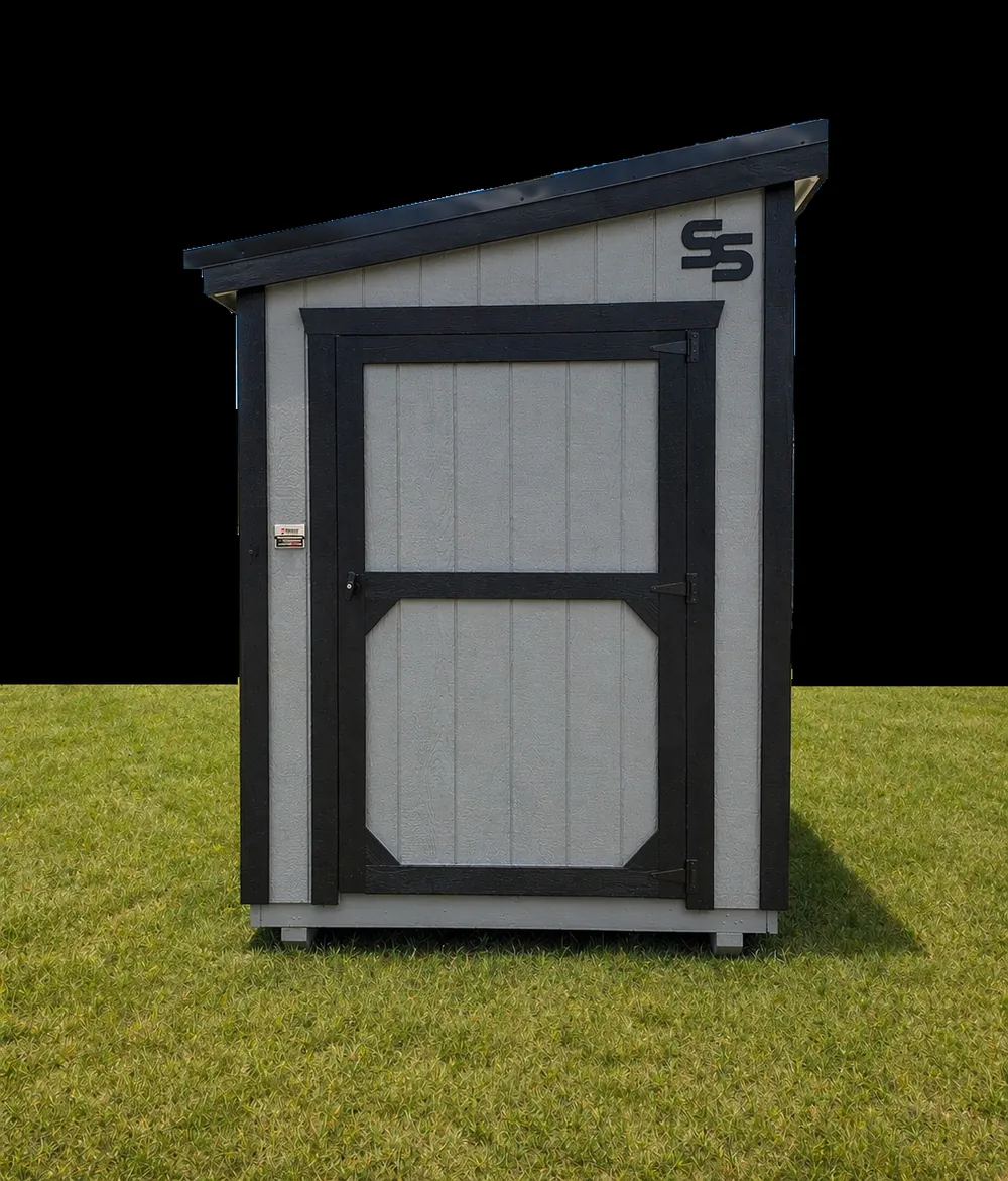 Gray 6x12 Little Speedy lean-to shed with black trim and a single entry door