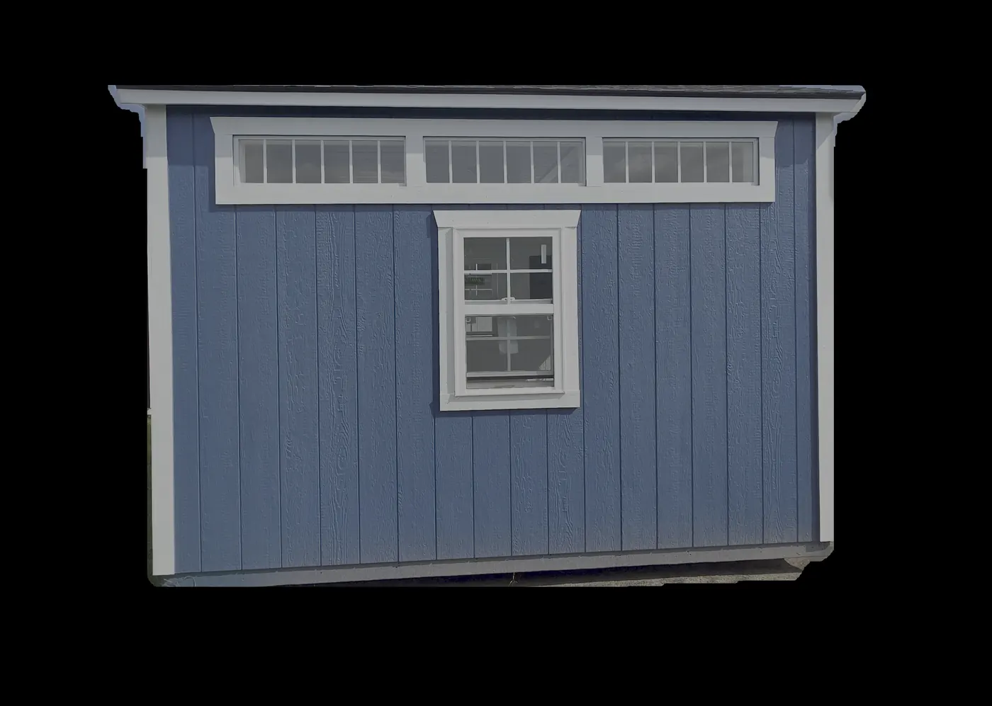 Blue-gray shed with a transom window strip above a standard white-trim window